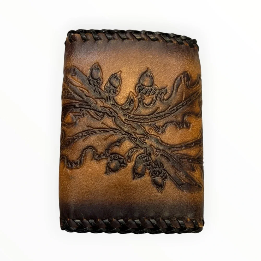 Vintage Hand Tooled Leather Trifold Wallet Oak Leaf Acorn Whipstitch Brown